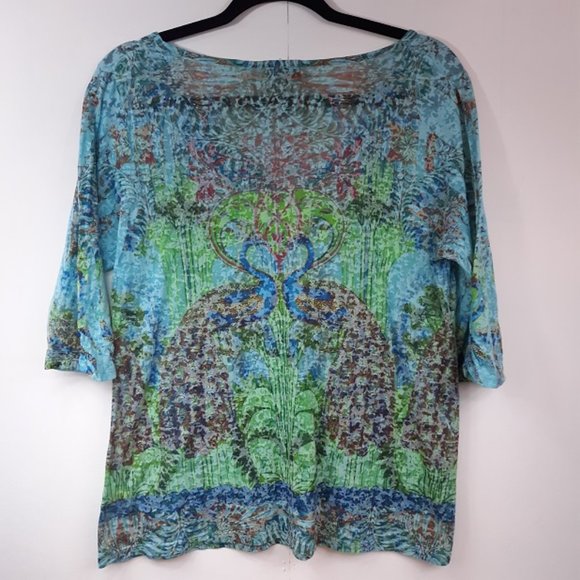 One World Peacock Top Women's Medium Burn Out Shirt Peacock Stud Embellishments - Picture 3 of 7